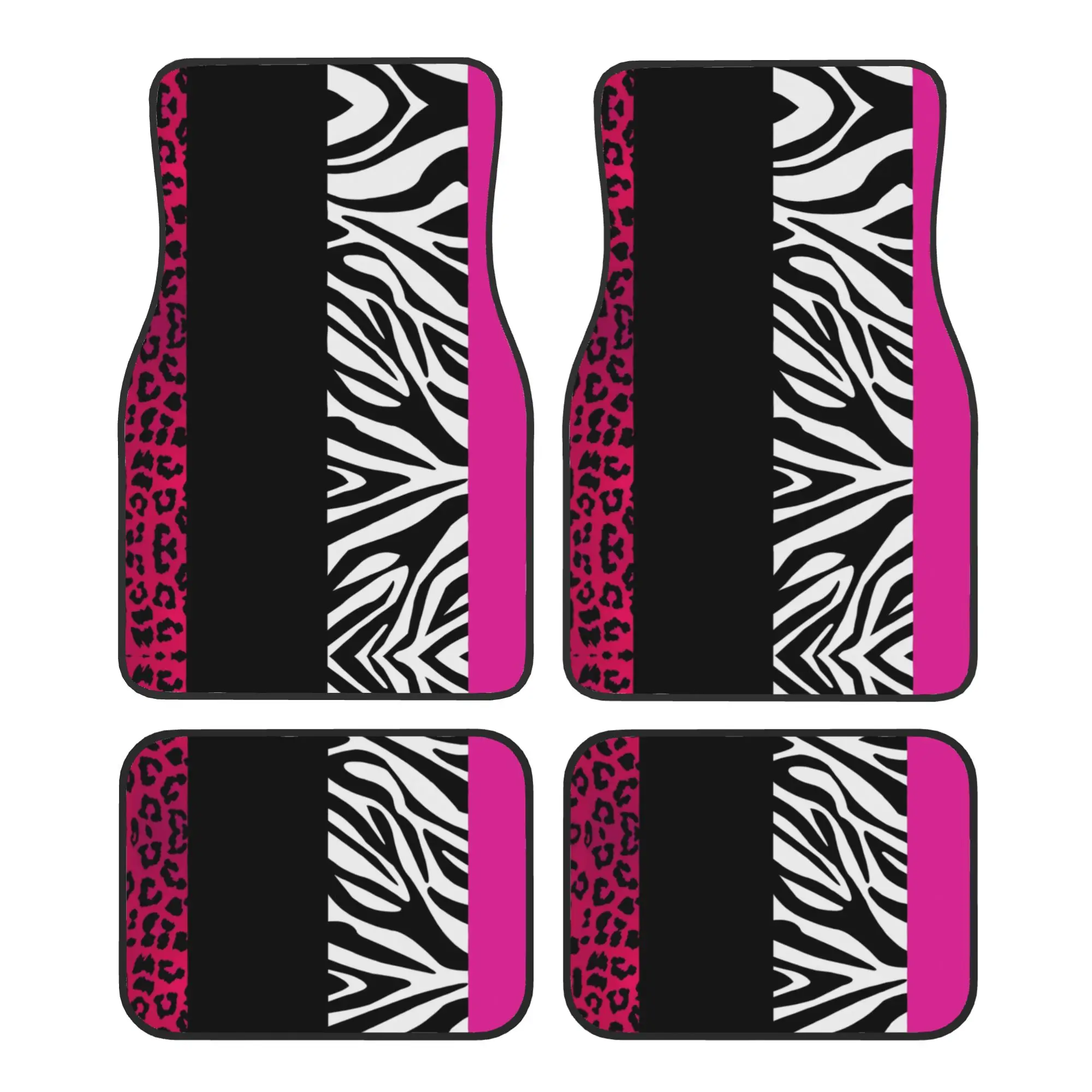 Pink Zebra and Leopard Animal Print Stripes 4PCS Crystal Velvet Car Floor Mats Set Universal Front Rear Foot Mats Protection Mat