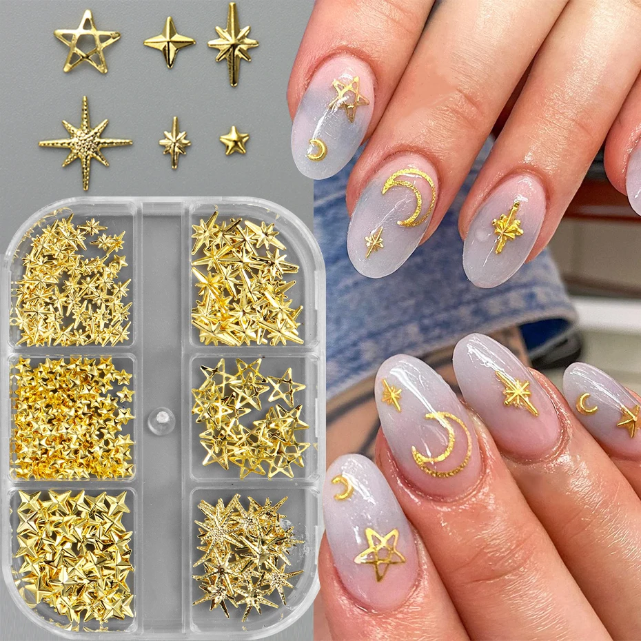 6 Sztuk Ozdób do Paznokci w Kształcie Gwiazd, Metalowe Gwiazdki, Zawieszki, Biżuteria do Paznokci, Nity, Akcesoria ze Stopu, Materiały do Manicure