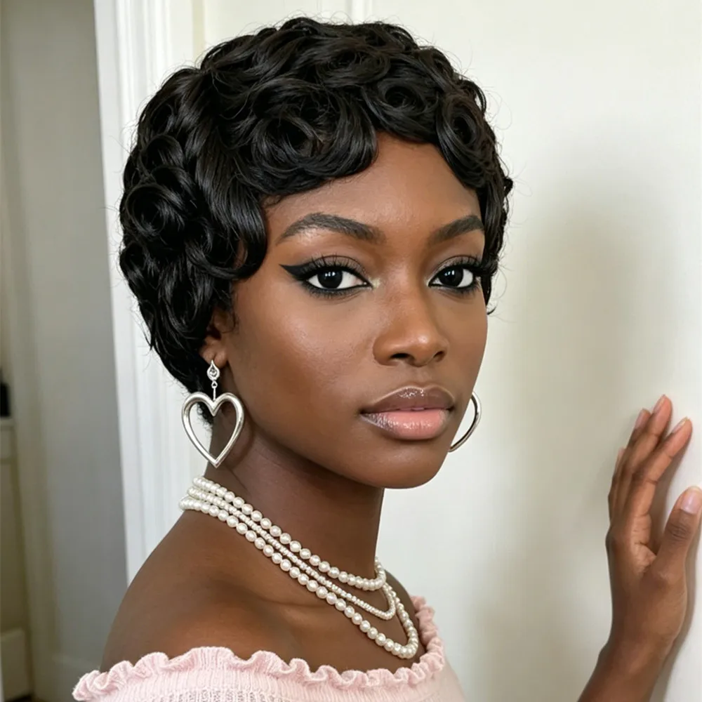 

pixie cut hair wig black color curly short human hair wig machine made human hair wigs for women gift wig