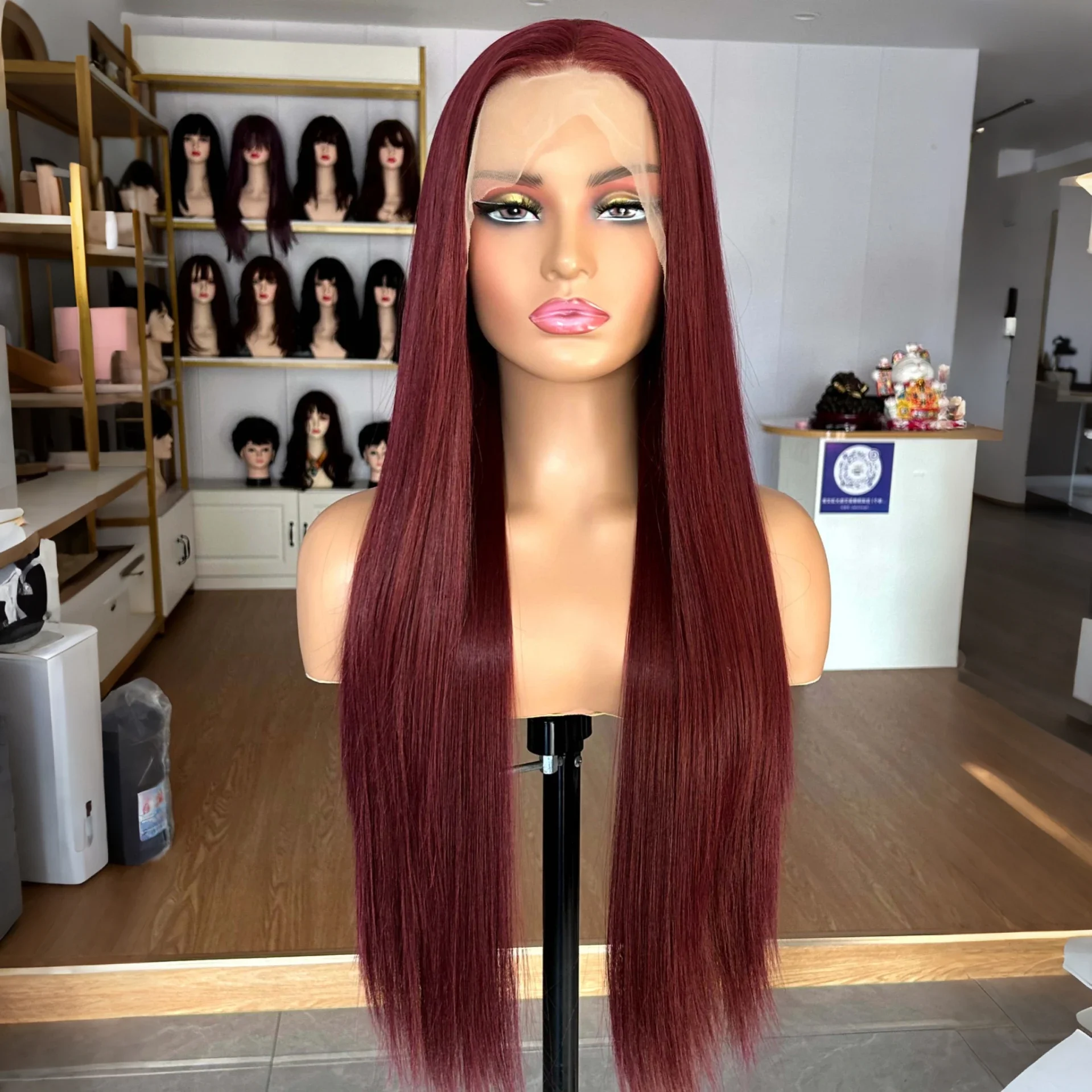 

26Inch Wine Red 99j 180Density Soft Straight Long Lace Front Wig For Black Women Baby Hair Preplucked Daily Glueless
