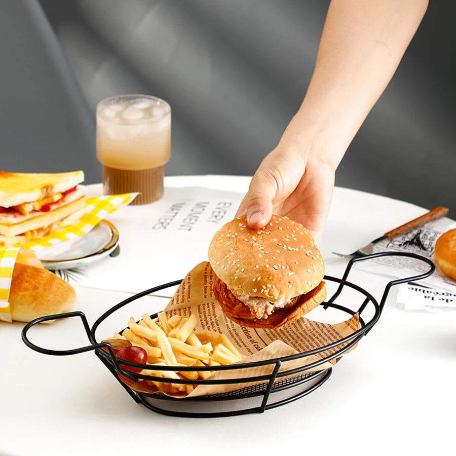 1PC Creative Oval double ear fries Fry Basket Snack Blue stainless steel fried chicken frame Bread basket Fried food frame