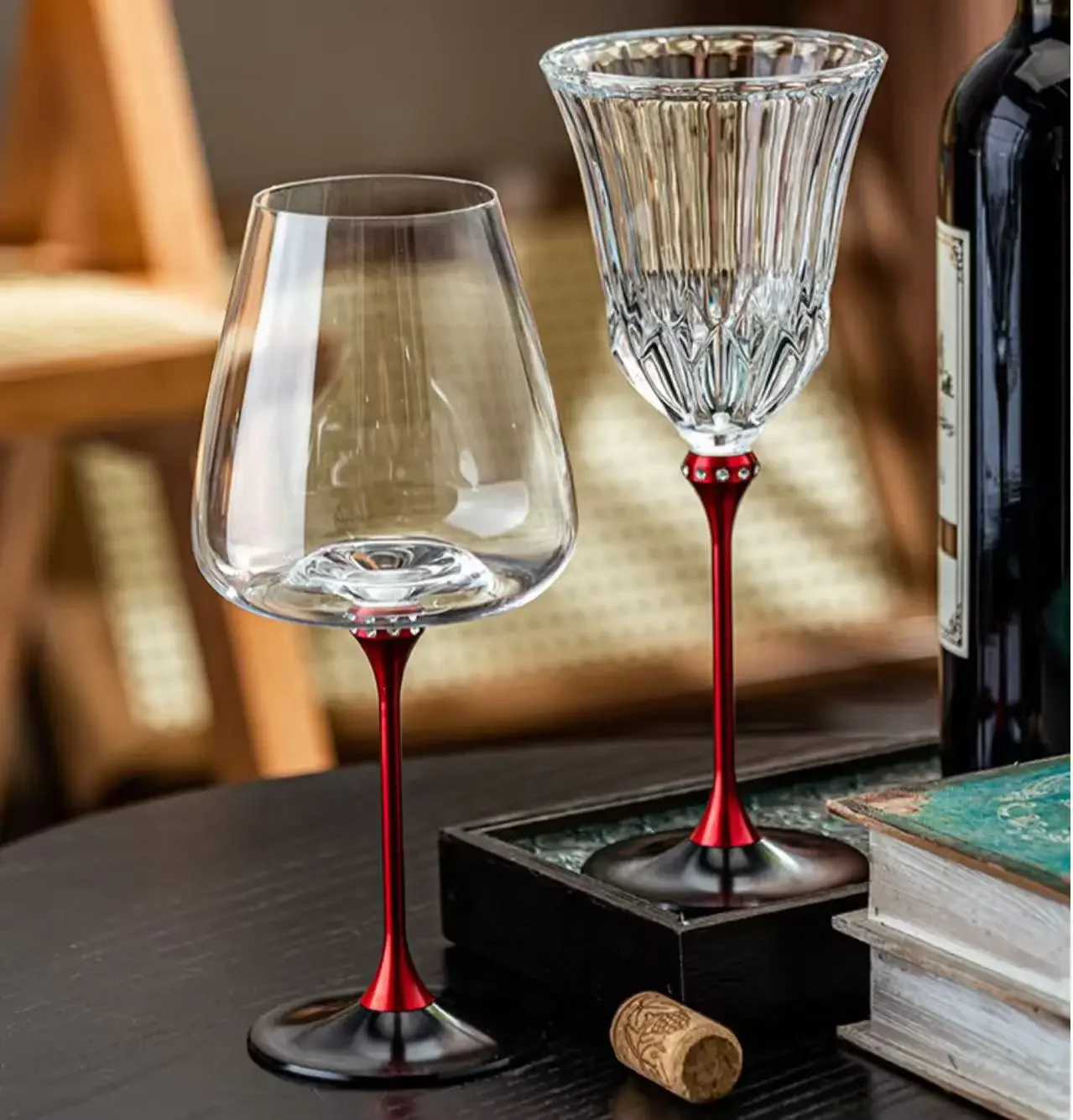 Vintage carved crystal red wine glass with red and black high stem inlaid with diamonds, designed for home use