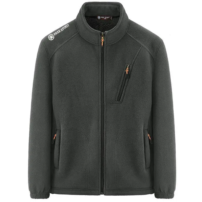 Chaqueta de lana con cremallera completa para hombre, chaqueta gruesa con múltiples bolsillos y forro Polar bordado cálido, abrigo deportivo, sudadera para exteriores, prendas de vestir