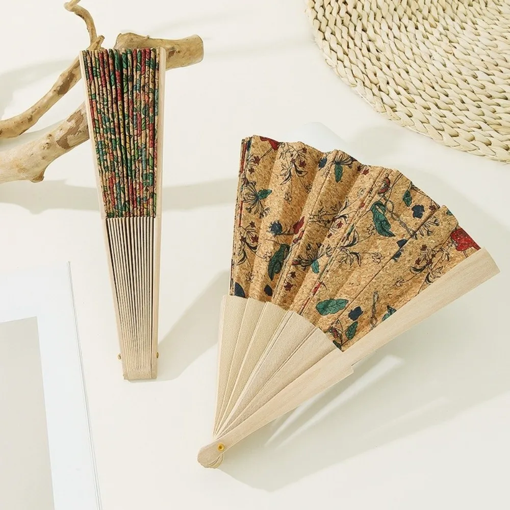 Vintage Bohemian Style Cork Folding Fan Props Home Decor Hand Held Fan Graft Gift Hand Folding Fan