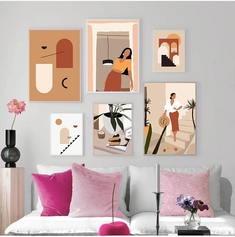 Abstract Fashion Vintage Girl Minimalist Wall Art Canvas Painting Nordic Posters And Prints Wall Pictures For Living Room Decor
