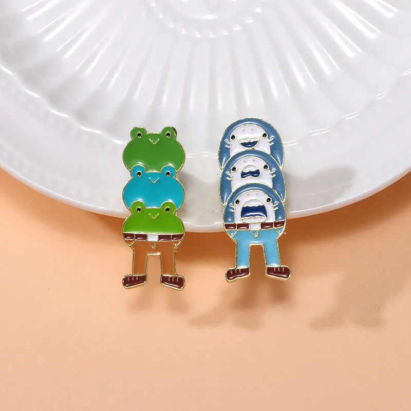 Cute Cartoon Animal Jenga Enamel Brooch Creative Funny Shark Frog Lapel Pin Badge Backpack Clothing Hat Accessories