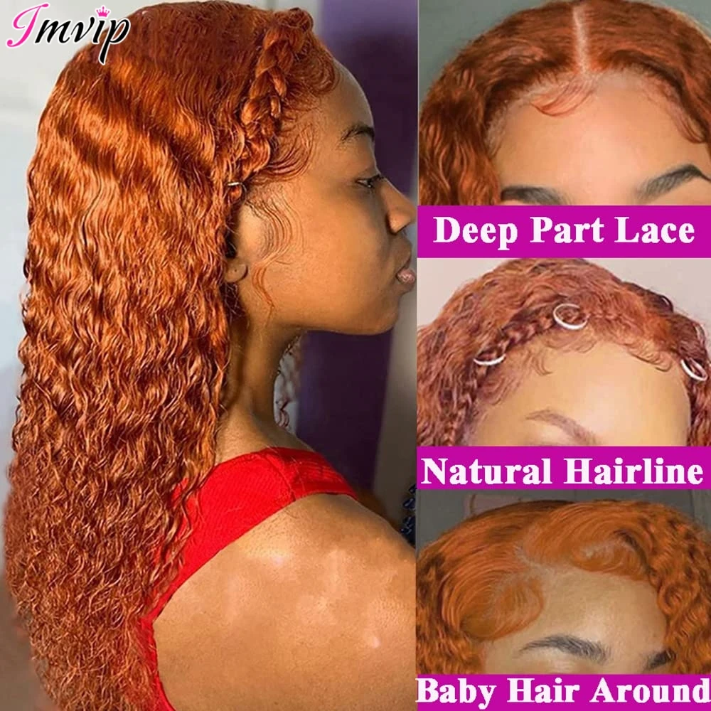 Peruca de cabelo humano encaracolado colorido com HD Lace Front, Onda Profunda, Gengibre Laranja, Remy, 13x6, 13x4 ", 30", Tendência