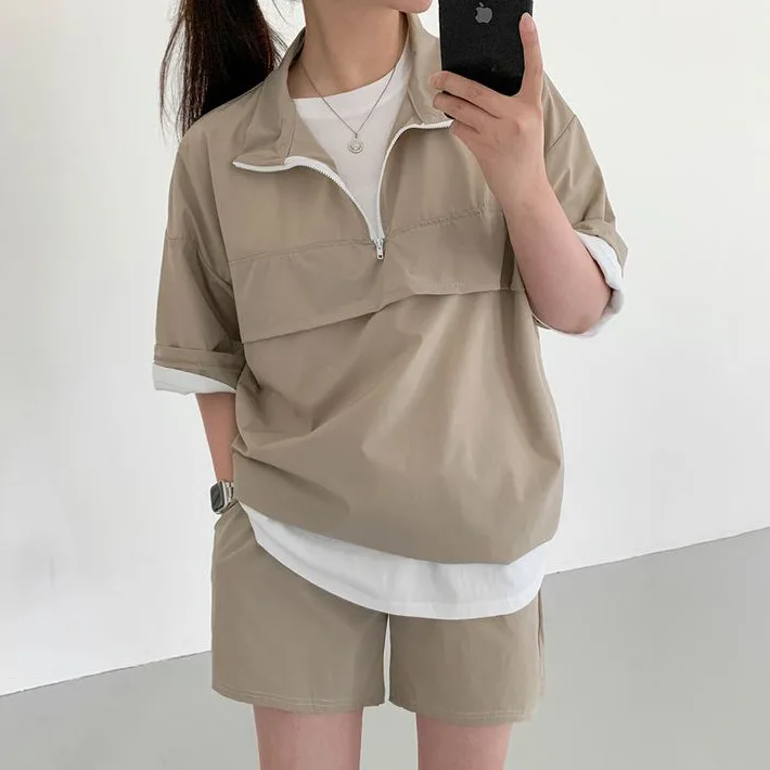 Terno de manga comprida e shorts feminino, conjunto de duas peças, roupa de treino de gola alta, estilo coreano, roupas casuais, verão