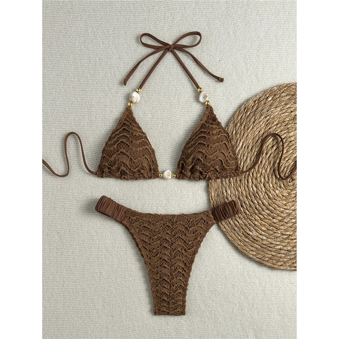 2026 Geknitterter Neckholder-Bikini Damen-Badeanzug zweiteiliger Bikini-Set gepolsterter Badeanzug Badebekleidung V8135 – Detail 16