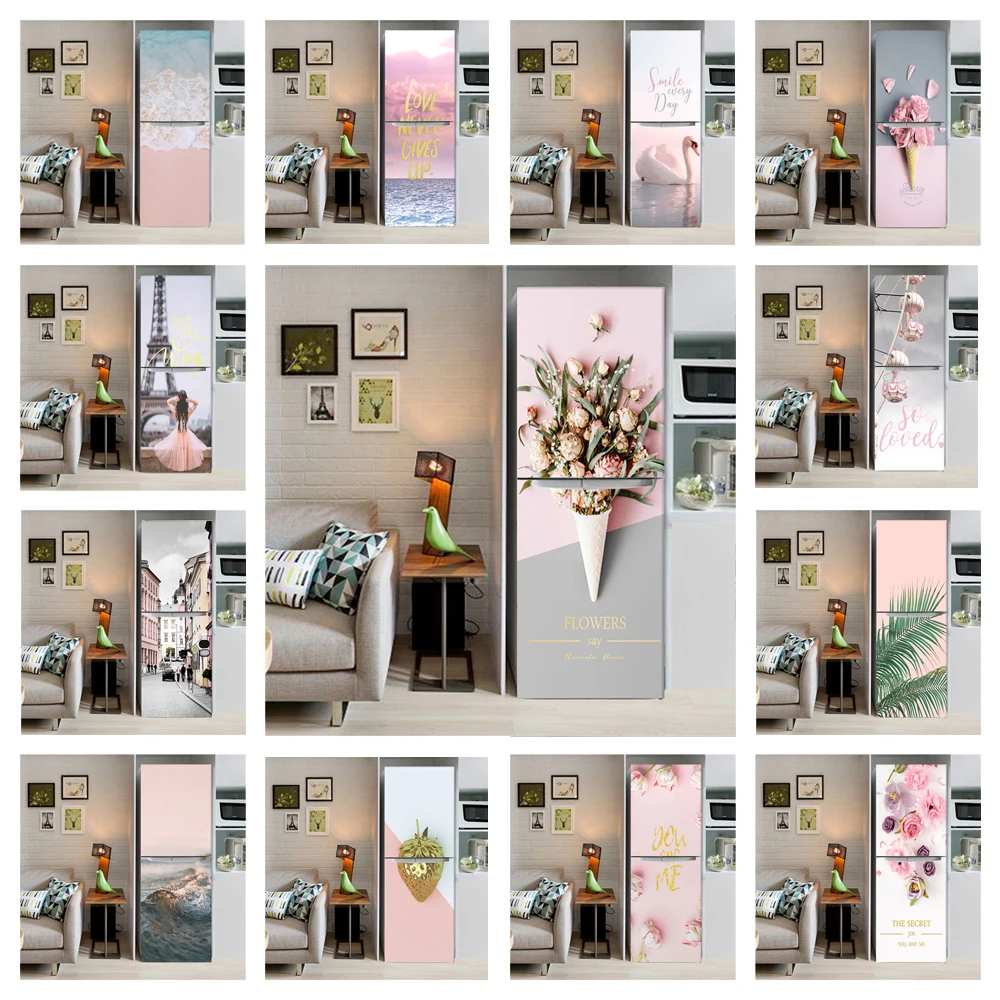 

Pink Flower 3D Refrigerator Stickers for Kitchen Fridge Full Door Cover Wallpaper Flamingo Freezer Wrap Vinyl Film Decor Murals