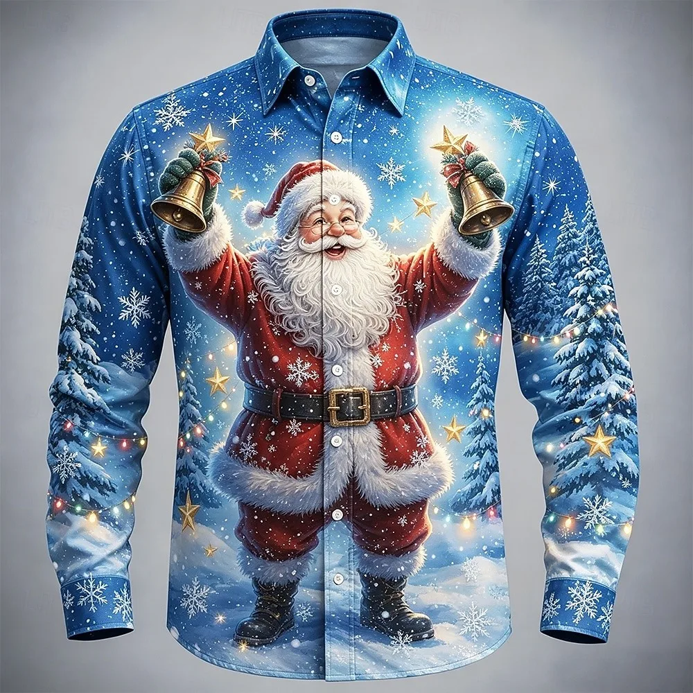 Christmas Men's Santa Claus Christmas Tree Christmas Bell Shirt Button Up Shirt Casual Formal Shirt Long Sleeve Fashion Casual V