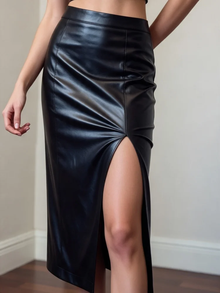 D&M Women's Black Faux Leather Maxi Skirt High Waist Slit Long Skirt Sexy Bodycon PU Leather Skirt for Party Night Out