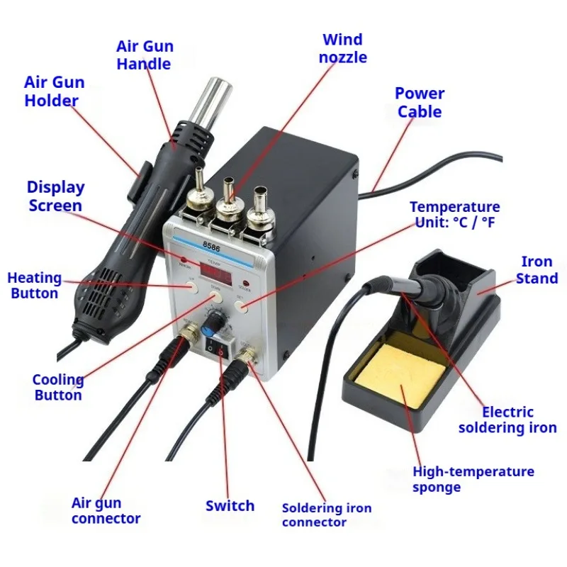 Professional 2-in-1 Rework Station Multifunctional Hot Air Gun Soldering Iron Digital Display Mobile Electrician Repair Tool