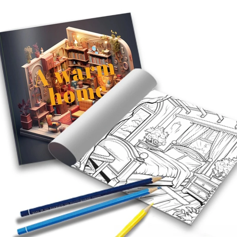 Kawaii A Warm Home Coloring Book Tiny Cozy Mini House Vintage Furniture Bookshelf Plant Warm Light Interior Sketch Notebook