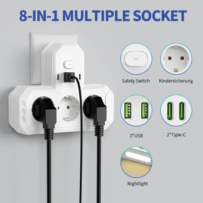 EU Plug Power Strip 3 AC Outlets 2 USB 2 Type-C Ports Two specifications Independent switch with small night light