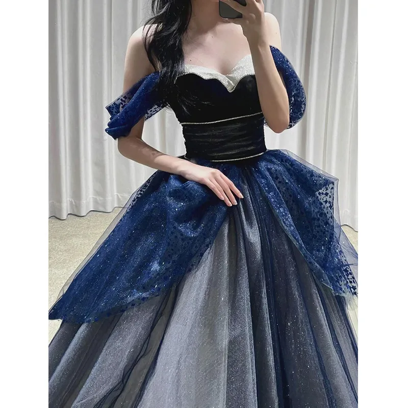 Luxury Off Shoulder Evening Dress Women\'s Fashion Slim   Sequin Princess Cake Fluffy Dress Floor-Length Quinceanera Dresses