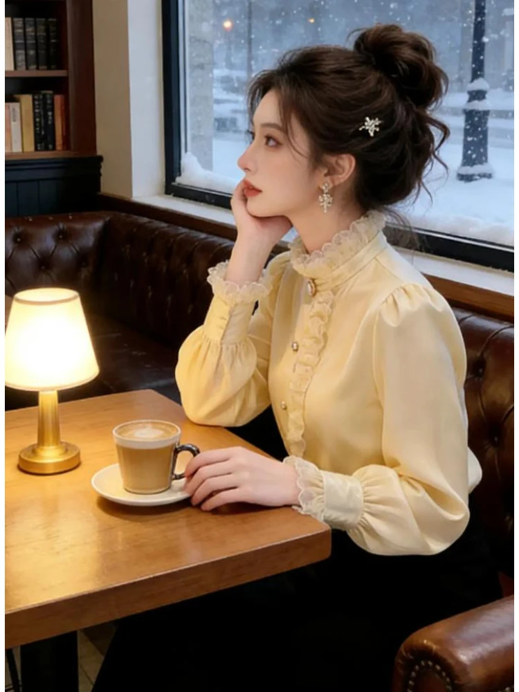 

Elegant Lace Splice Shirt Women's Fashionable Court Style Spring New Arrival Long Sleeve Breathable Skin-friendly Casual Top