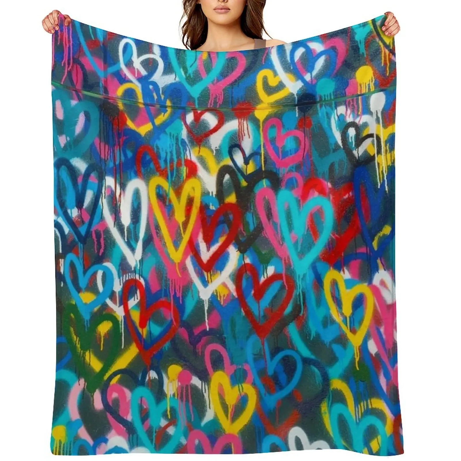 

Graffiti Urban colorful graffiti city wall chaotic hearts pattern painting grunge rainbow love Throw Blanket