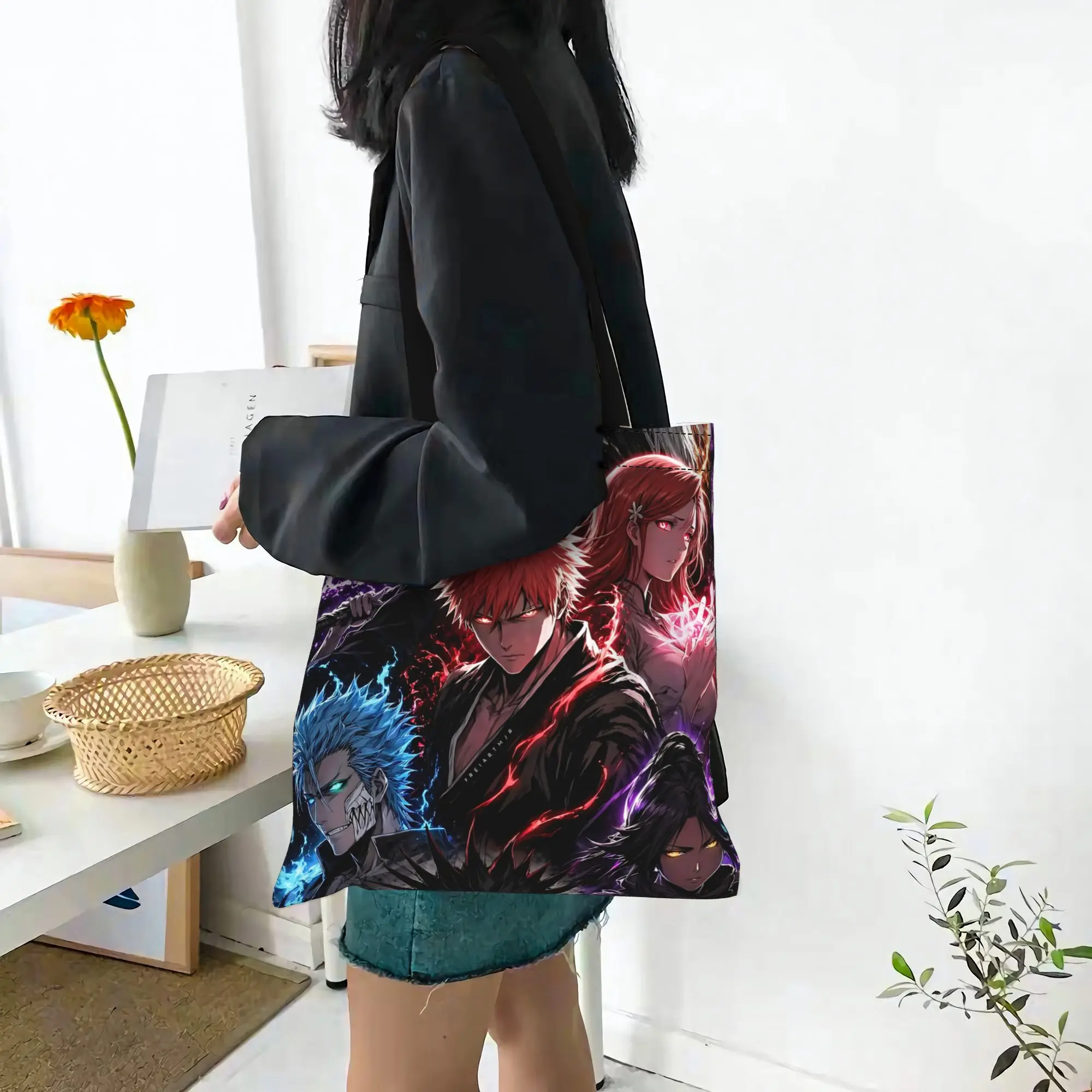 Customized Bleach Anime Women's Bag Shopping Bag Reusable Double Sided Canvas Tote Bag Shoulder  Handbag