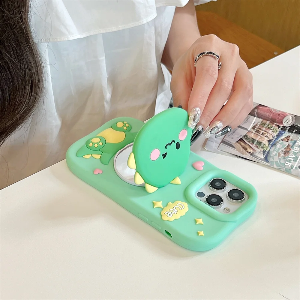 Lustige Dinosaurier-weiche Silikonhülle mit Make-up-Spiegel-Ständerhalter, 3D-Cartoon-Abdeckung für iPhone 12, 13, 14, 15 Plus, 16 Pro Max Capas – Detail 7