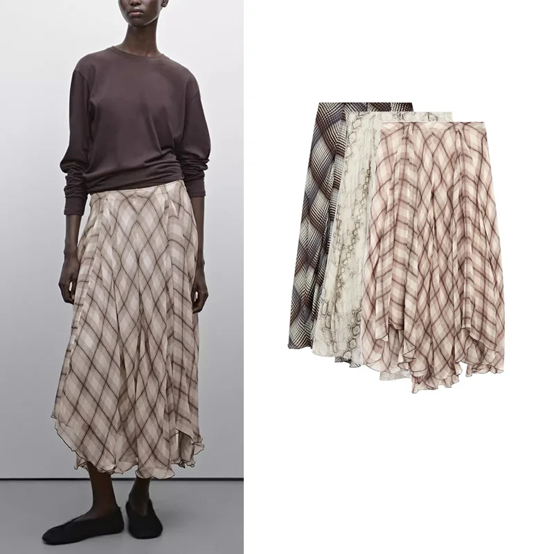 

Faionable Summer New Arrival Snake Print Asymmetrical Hem Wide Swing Midi A-Line Skirt High Waist Commute Sle Polyester F...