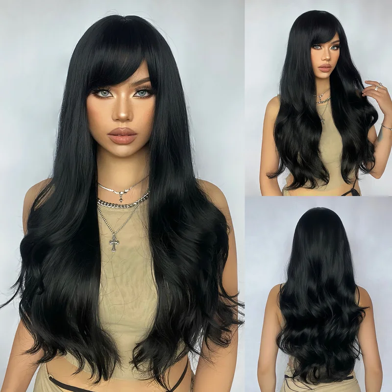 Long Wavy Synthetic Black Wigs with Bangs for Black Women Afro Wig