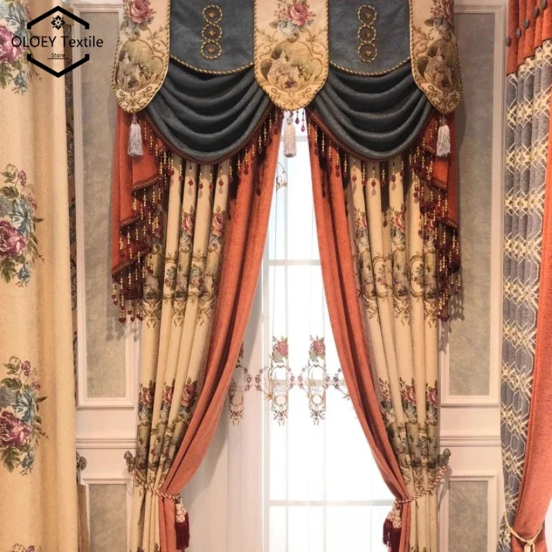 

Luxury European Style Chenille Jacquard Curtains for Living Room Bedroom Spliced Drapes Finished Sheer Tulle Valance Custom