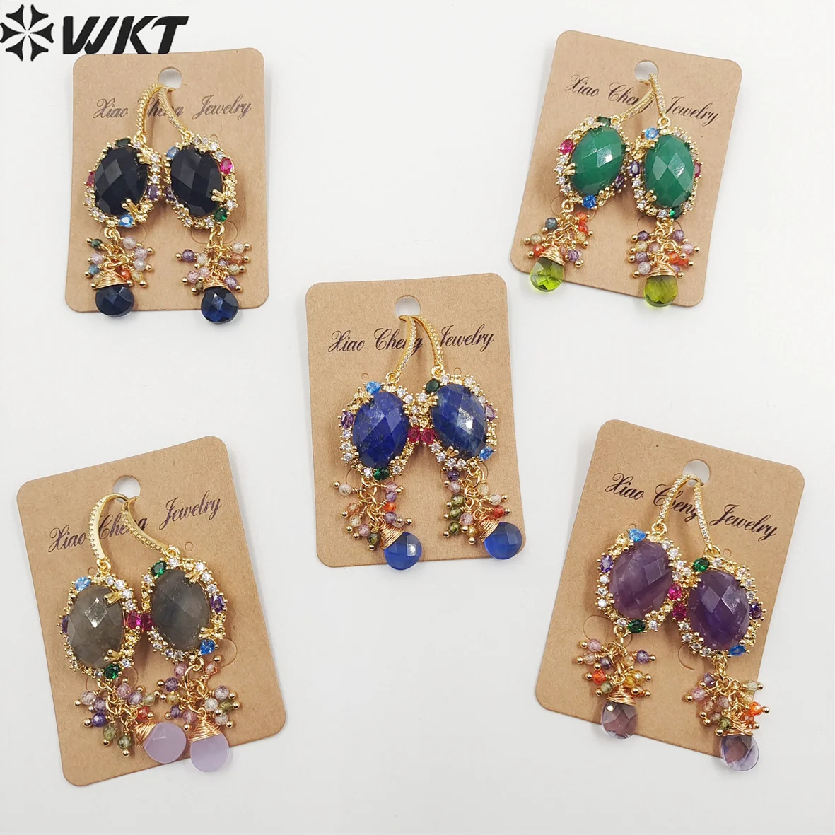 WT-E705 Charming Lady Colorful Handmake Dangling Hoops With Natural Gemstone Cubic Zircon Decorative Stone Earrings