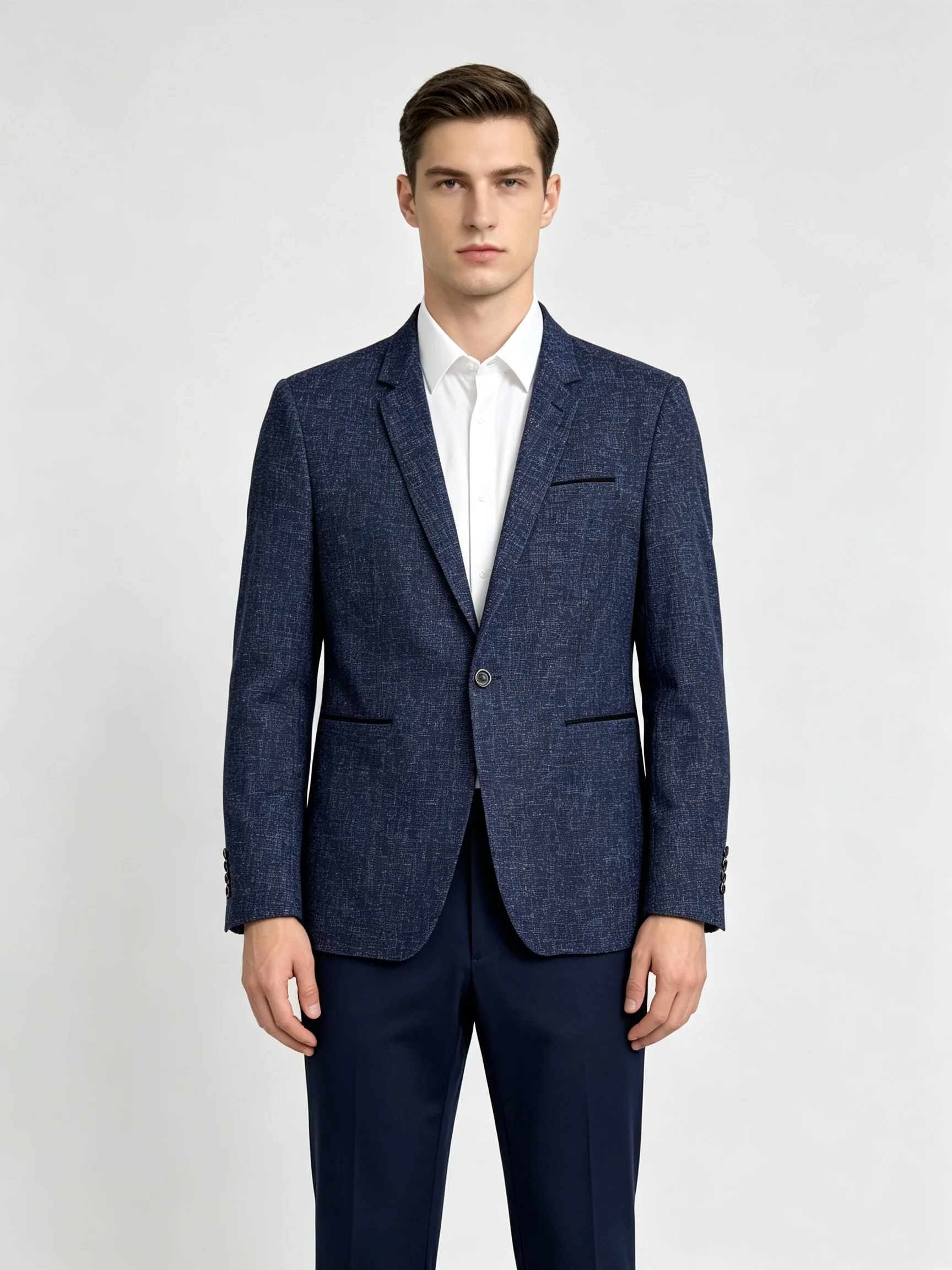 Slim Fit Suit Set - Men Dark Navy Tweed Blazer And