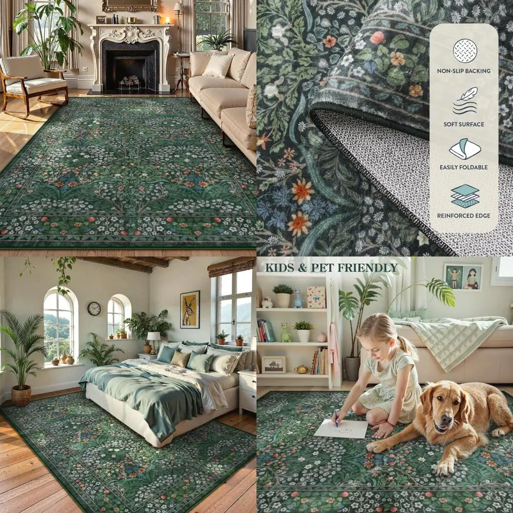 

Lahome Floral Dark Green 8x10 Rugs, Plush Washable Living Room and Bedroom Area Rugs, Bohemian Style Non-Slip Large Throw Carpet