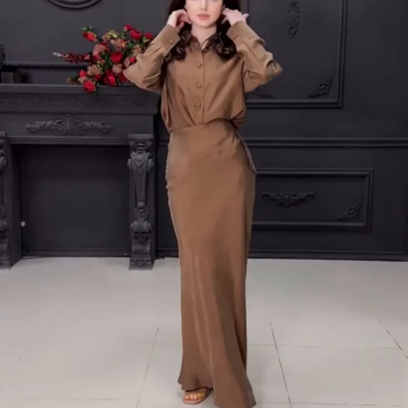 Matching Sets Women Dress Sets Elegant Ankle Length Skirts Blouses Single Breasted Long Sleeve Solid Loose Button Basics