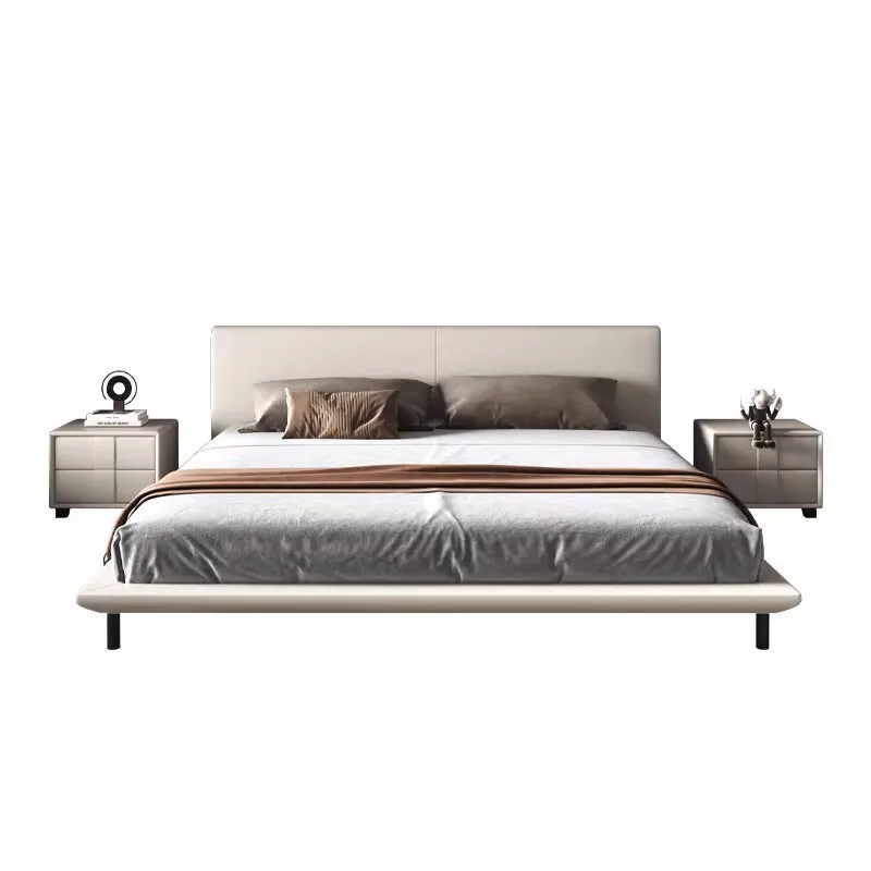 

Light luxury, modern, simple, Italian, minimalist, suspended, leather bed, master bedroom with lamp, double