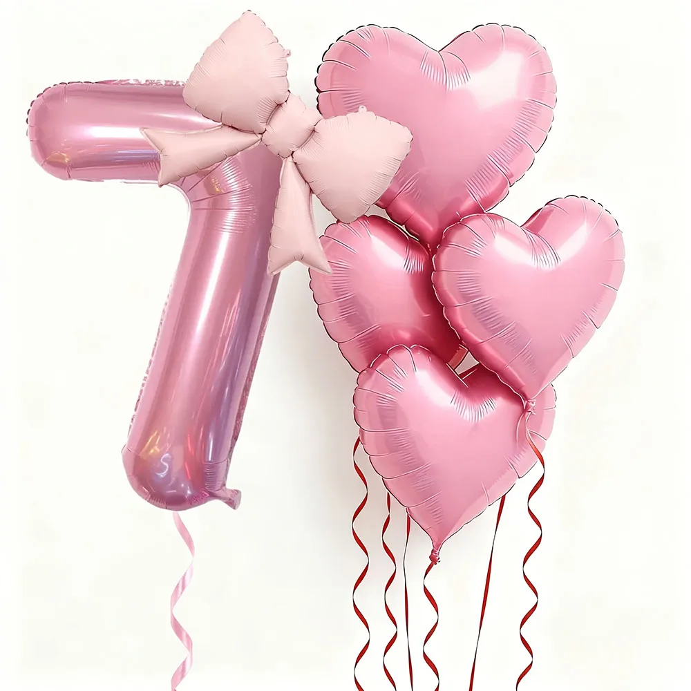 6 Stück rosa Schleifen-Herzballons mit 32 Zoll großen rosa Zahlenfolienballons für Geburtstagsfeiern, Hochzeiten, Verlobungen, Jubiläen, Dekoration