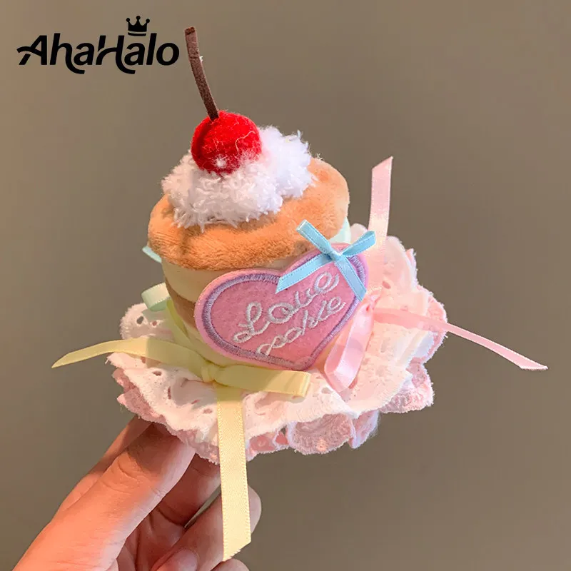 Mini Lace Birthday Hat Hairpins Lolita Cake Hair Clips for Women Girls Headwear Plush Hair Accessories for Photoshoots and Party