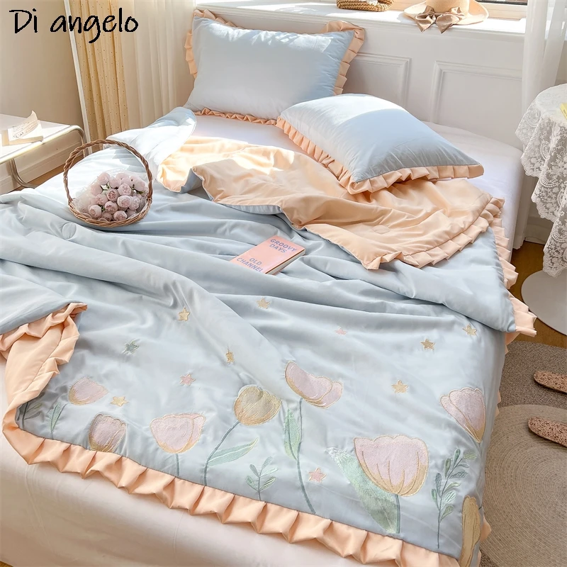 Blue Cartoon Embroidery Quilts, Comfortable Quilted Quilt, Mechanical Wash, Air Conditioning Comforter, Bedspreads, #SW#, 1Pc