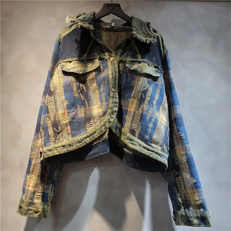 WTHT mode femmes irrégulière Patchwork revers Denim veste à la mode 2025 été bavure bord taille élastique jean femme 1LS1809