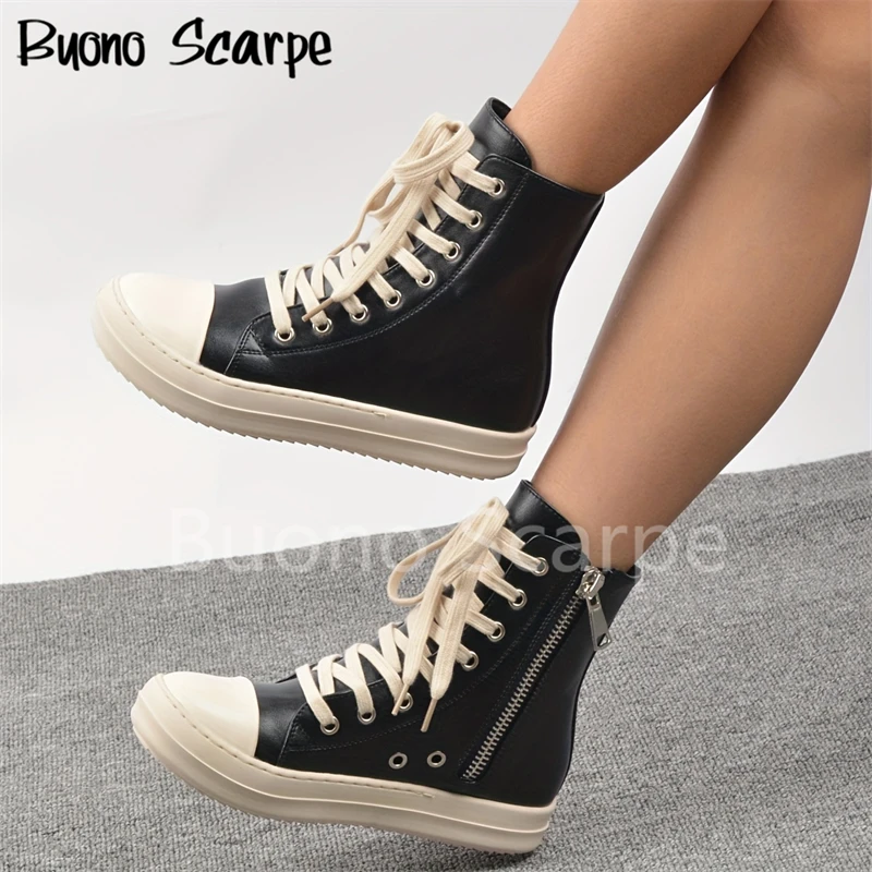 Sapatilhas de couro de cano alto para mulheres, sapatos vulcanizados, sapatos esportivos planos, zip casual, designer preto, tamanho grande