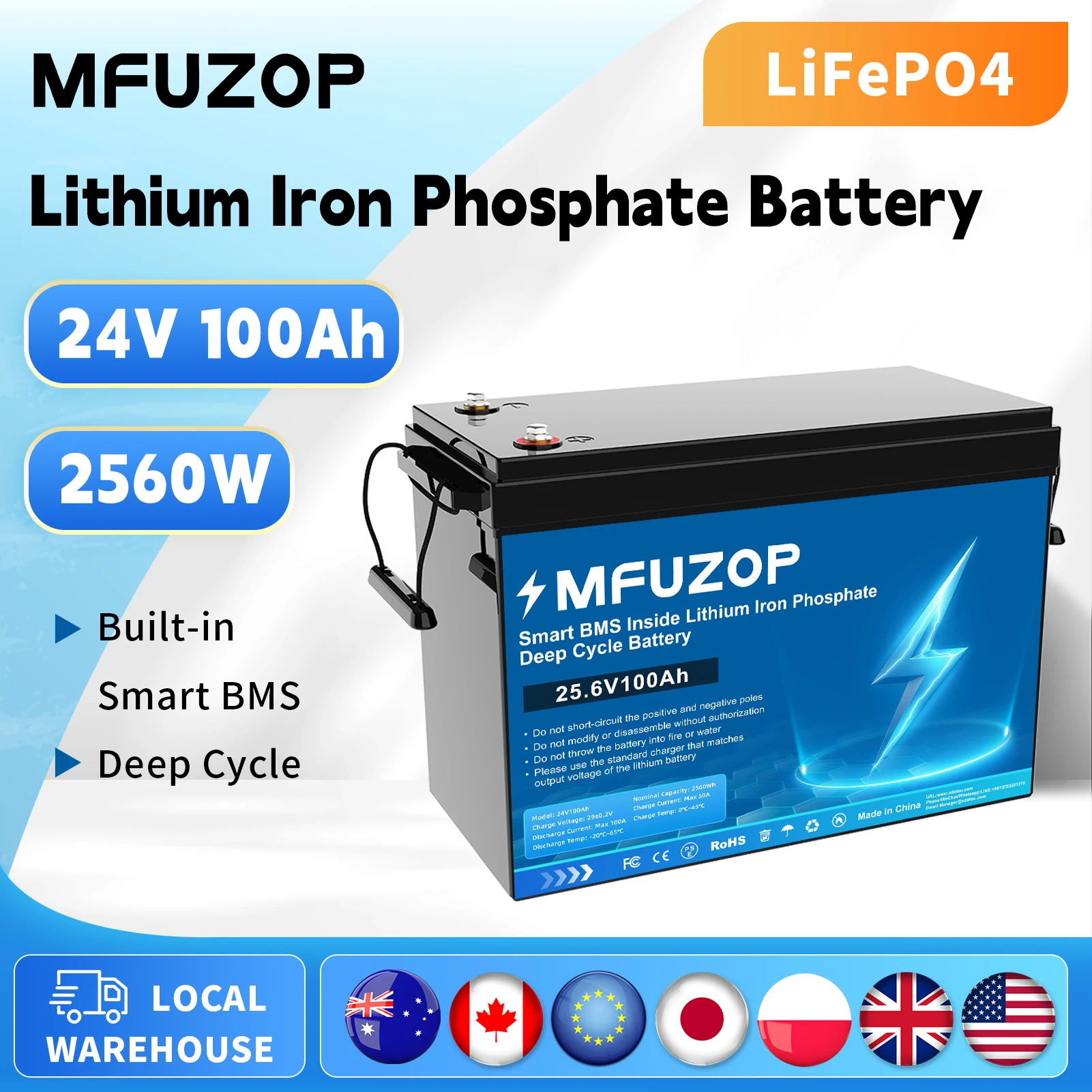 

DATOUBOSS 24V100A Lithium Iron Phosphate Battery Deep Cycle LiFePO4 Battery Rechargeable BMS RV Campers Golf Cart Solar Storage