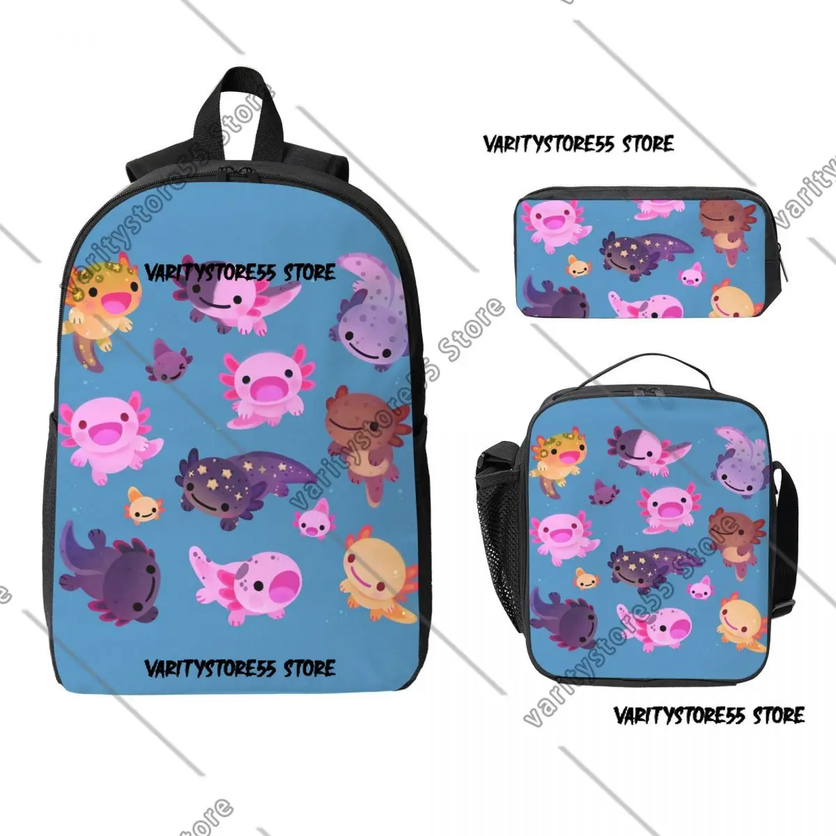 Happy Axolotl Blue Backpack Student Boys Girls BookBag School Bag Computer Shoulder Bags 3ps Insulated Lunch Bag Pencil Case