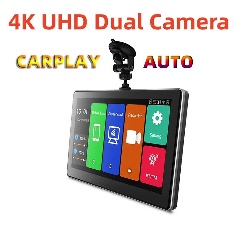 7-inch Wireless Carplay Projection Screen Aux Output Auto Hd 4k Dash Cam Dual Lens