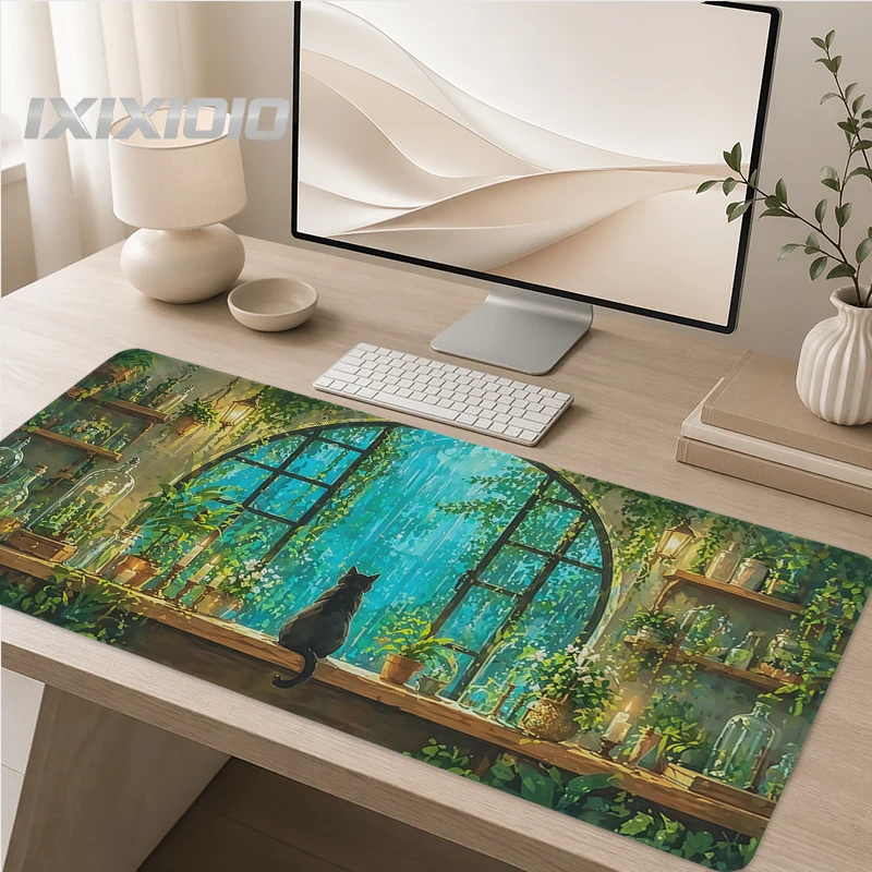 Black Cat Green Plants Mouse Pad Gaming XL New Custom Home Mousepad XXL MousePads Carpet Natural Rubber Non-Slip Mouse Mats