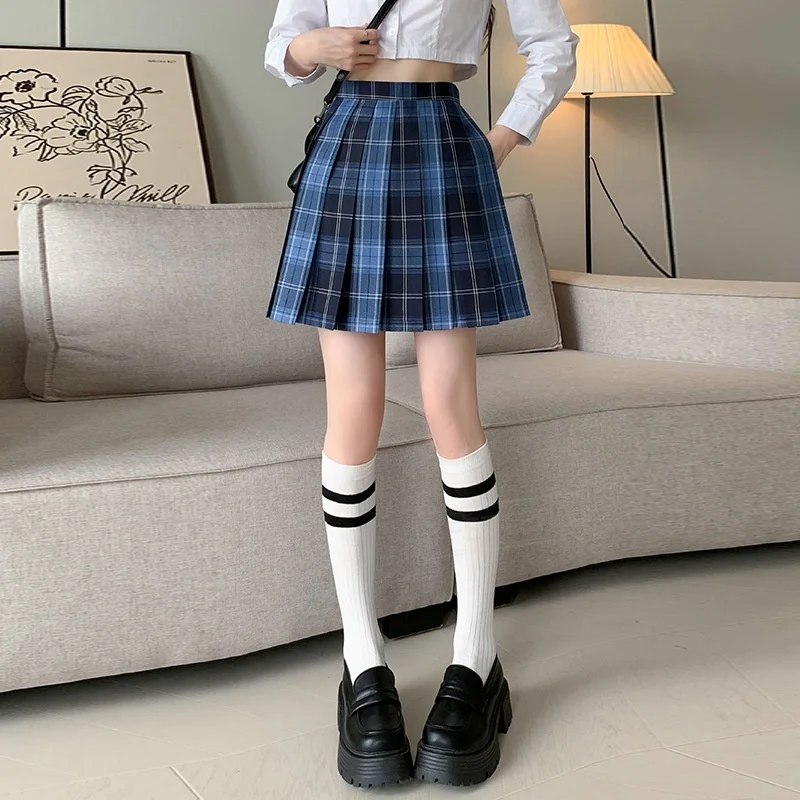 TFETTERS Spring Summer Plaid Pleated Mini Skirt Women High Waist A Line JK Uniform Skirt Lined Flared Short Skirt Preppy School