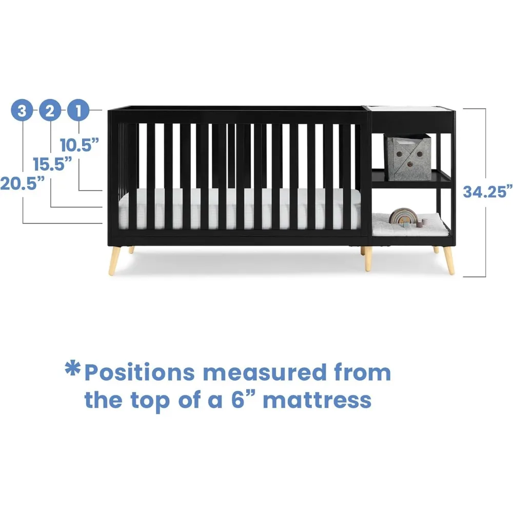 سرير Delta Children Essex 4 في 1 قابل للتحويل مع مبدل، لمسة نهائية من خشب الأبنوس الأسود ومقابض طبيعية