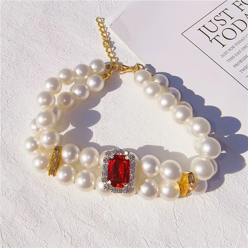 Cute Double Layer Pearl Pet Collar Handmade Necklace Gemstone Decoration Multiple Neck Adjustable Elastic Collars for Dog Cat