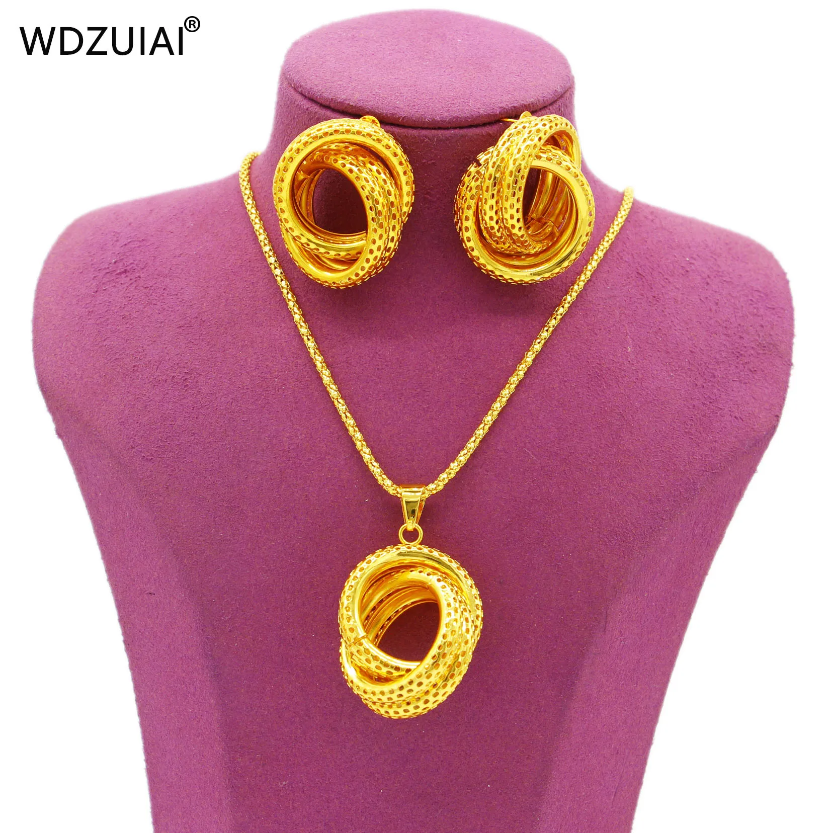 WDZUIAI Dubai 24K Gold Color Pendent Necklace&Earrings Set for Women African/Belgium/Ethiopian Wedding Jewelry Party Ornament