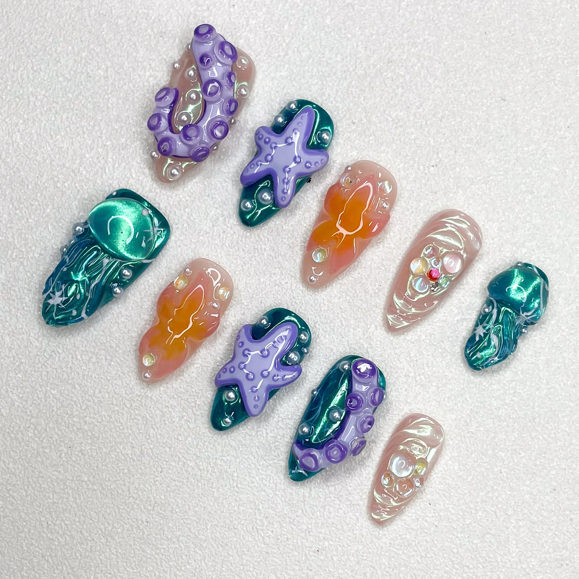 ニューオーシャンシリーズ マニキュア タコ 手描き 3D レリーフ アーモンド型 プレスオンネイル パーソナルデザイン