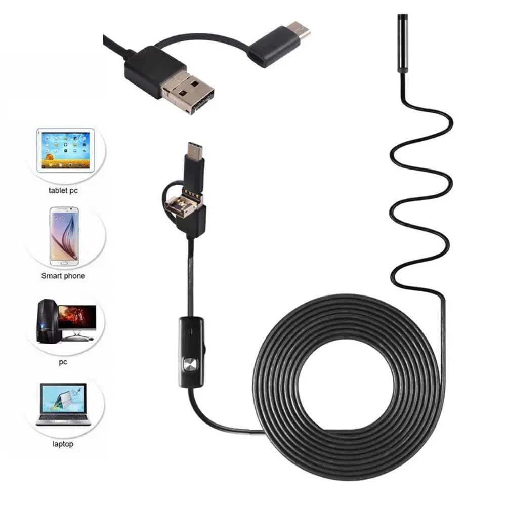 1Pcs Industrial Endoscope Wired Inspection Camera 3in1 Waterproof Compatible for Android Pc Laptop Tablet 5.5mm Probe