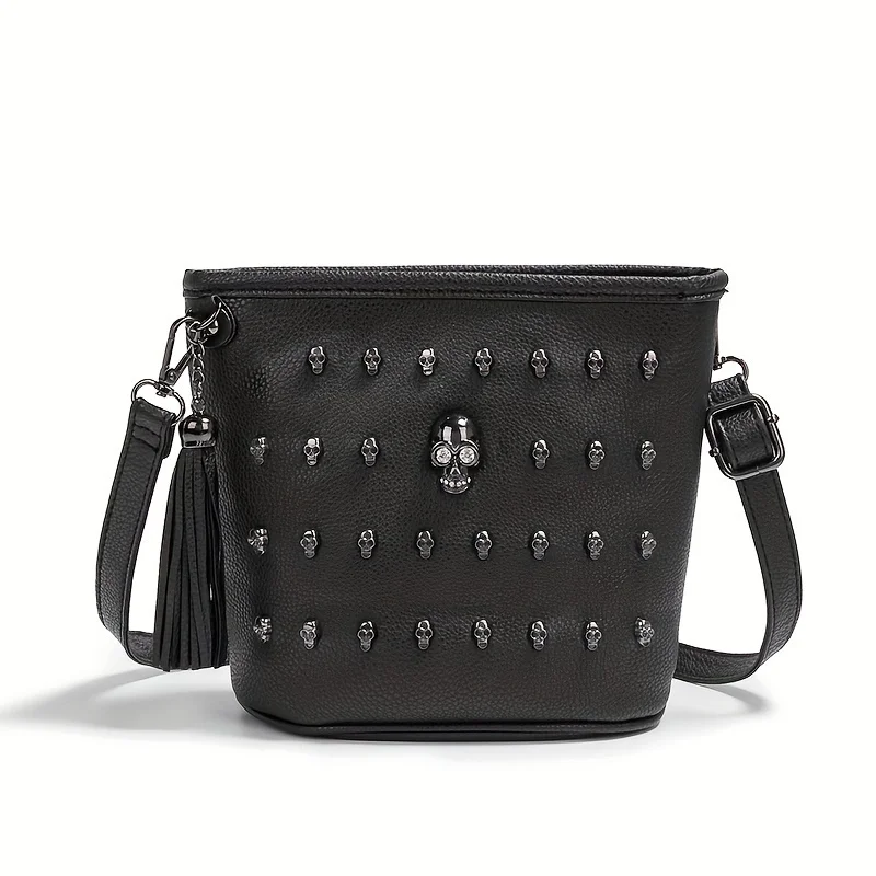 Women\'s One Shoulder Crossbody Handbag Fashionable Tassel Skull Pattern PU Leather Zero Wallet Phone Bag Casual Bucket Bag