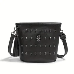 Women's One Shoulder Crossbody Handbag Fashionable Tassel Skull Pattern PU Leather Zero Wallet Phone Bag Casual Bucket Bag