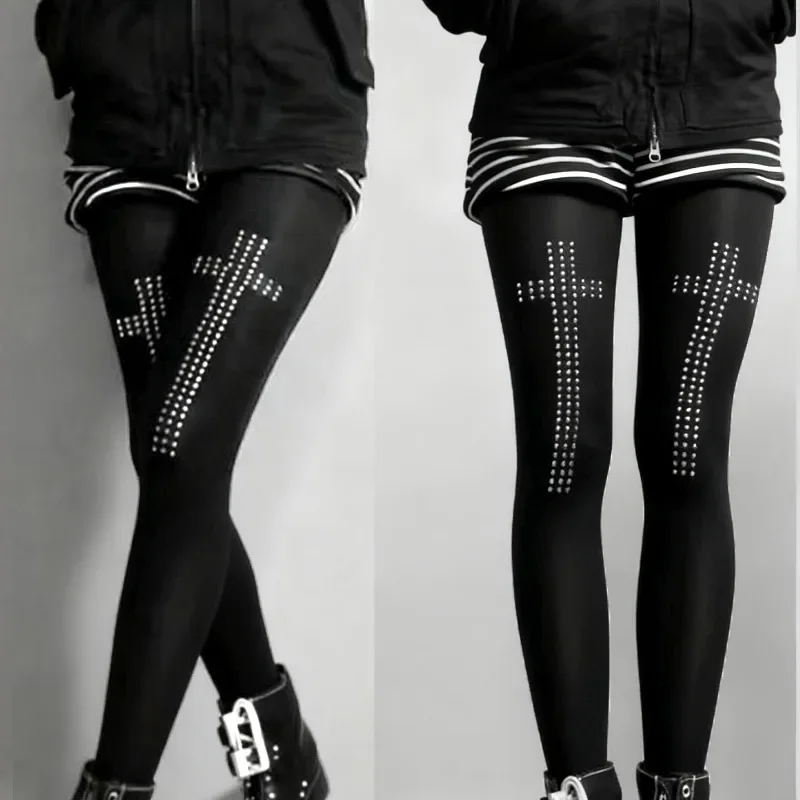 Vintage 2000s Rhinestone Cross Tights Pants Spicy Girls Black Aesthetics Hip-hop Street Casual Women Y2K Style Cosplay Pantyhose